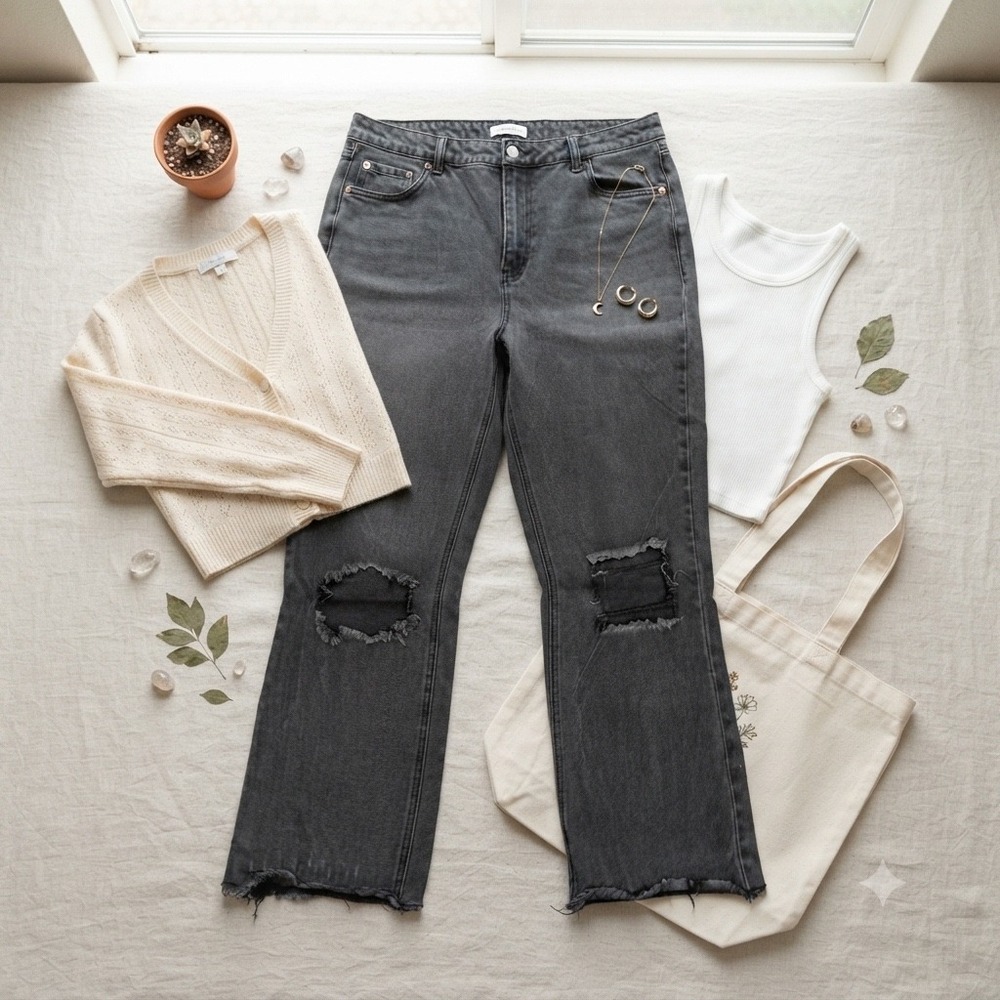 Avec Les Filles Distressed High Rise Straight‎ Leg Jeans Washed Black Size 31
